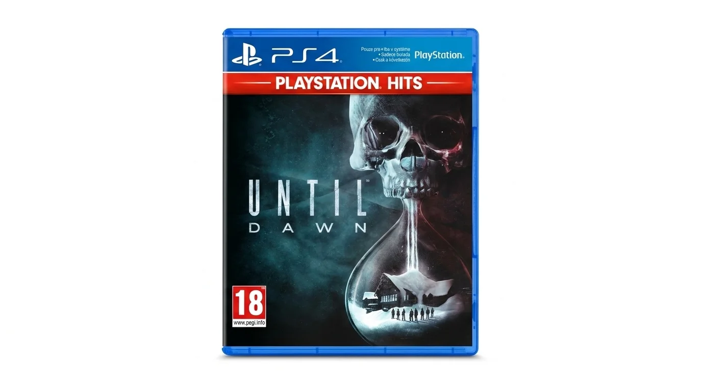 Obal hry Until Dawn pro PS4 v edici PlayStation Hits s vyobrazením lebky přecházející v přesýpací hodiny.