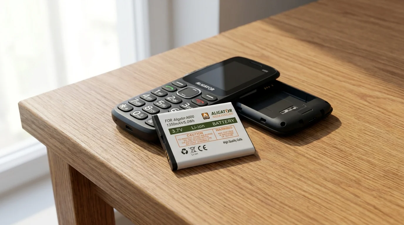 Náhradní Li-Ion baterie Aligator o kapacitě 1350 mAh položená na dřevěném stole vedle otevřeného tlačítkového telefonu.