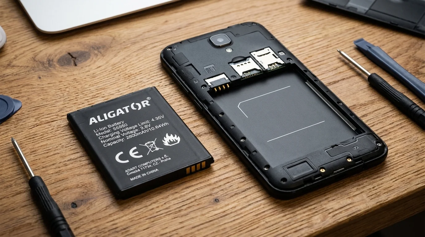 Baterie Aligator pro mobilní telefon S5550 ležící vedle otevřeného přístroje a servisního nářadí na stole.