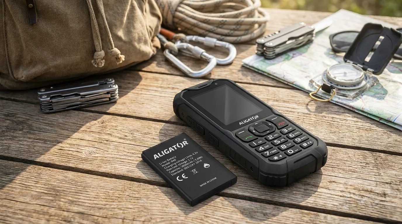 Černá vyjímatelná baterie vedle odolného tlačítkového telefonu Aligator na dřevěném stole s outdoorovým vybavením.