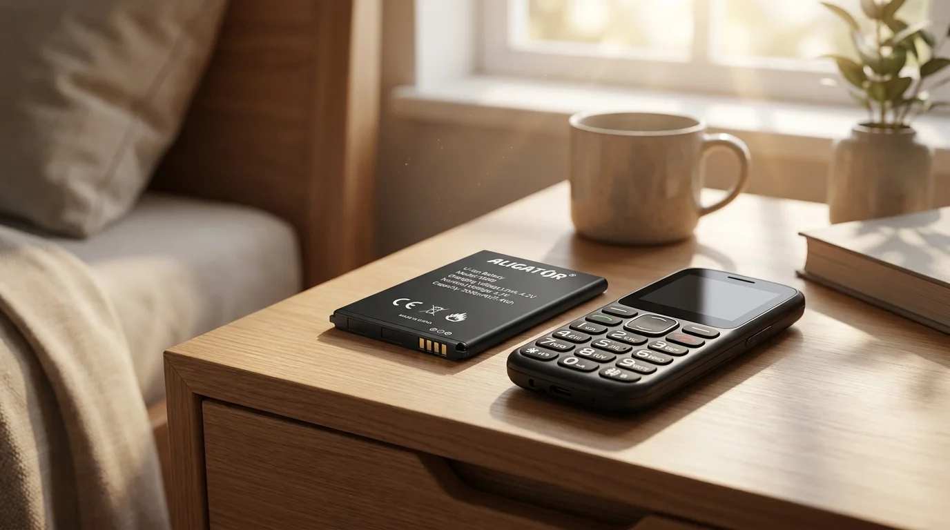 Černá baterie Aligator ležící vedle tlačítkového telefonu na dřevěném nočním stolku.