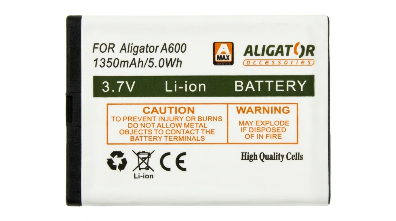 Bílá Li-Ion baterie Aligator pro telefon A600 s vyznačenou kapacitou 1350 mAh a napětím 3,7 V.
