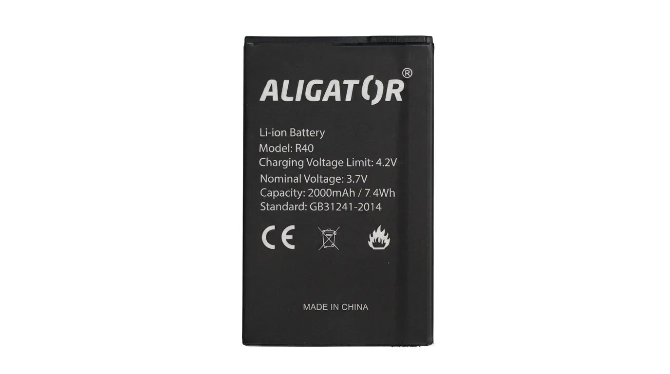 Černá Li-Ion baterie Aligator pro model R40 s kapacitou 2000 mAh a vyznačenými technickými parametry.
