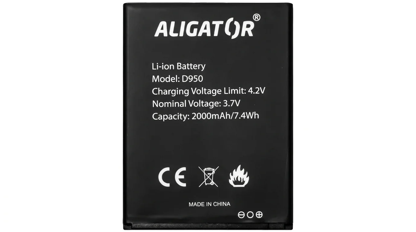 Černá Li-ion baterie Aligator model D950 s kapacitou 2000 mAh a technickými údaji na přední straně.