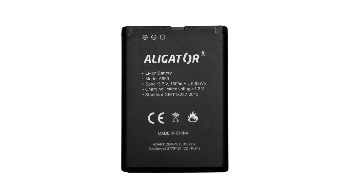 Černá Li-Ion baterie Aligator pro model A890 s kapacitou 1 600 mAh a kontakty v horní části.