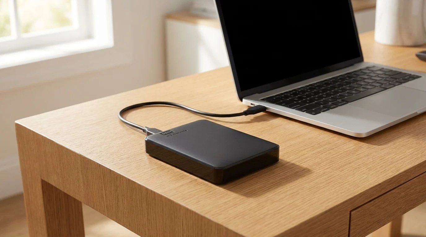 Černý externí disk připojený USB kabelem k otevřenému notebooku na dřevěném stole.