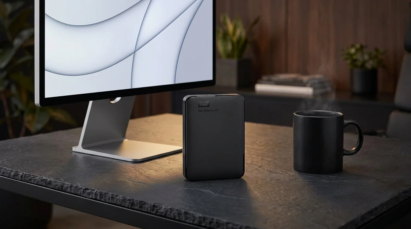 Černý externí pevný disk WD stojící na pracovním stole vedle monitoru a kouřícího hrnku.