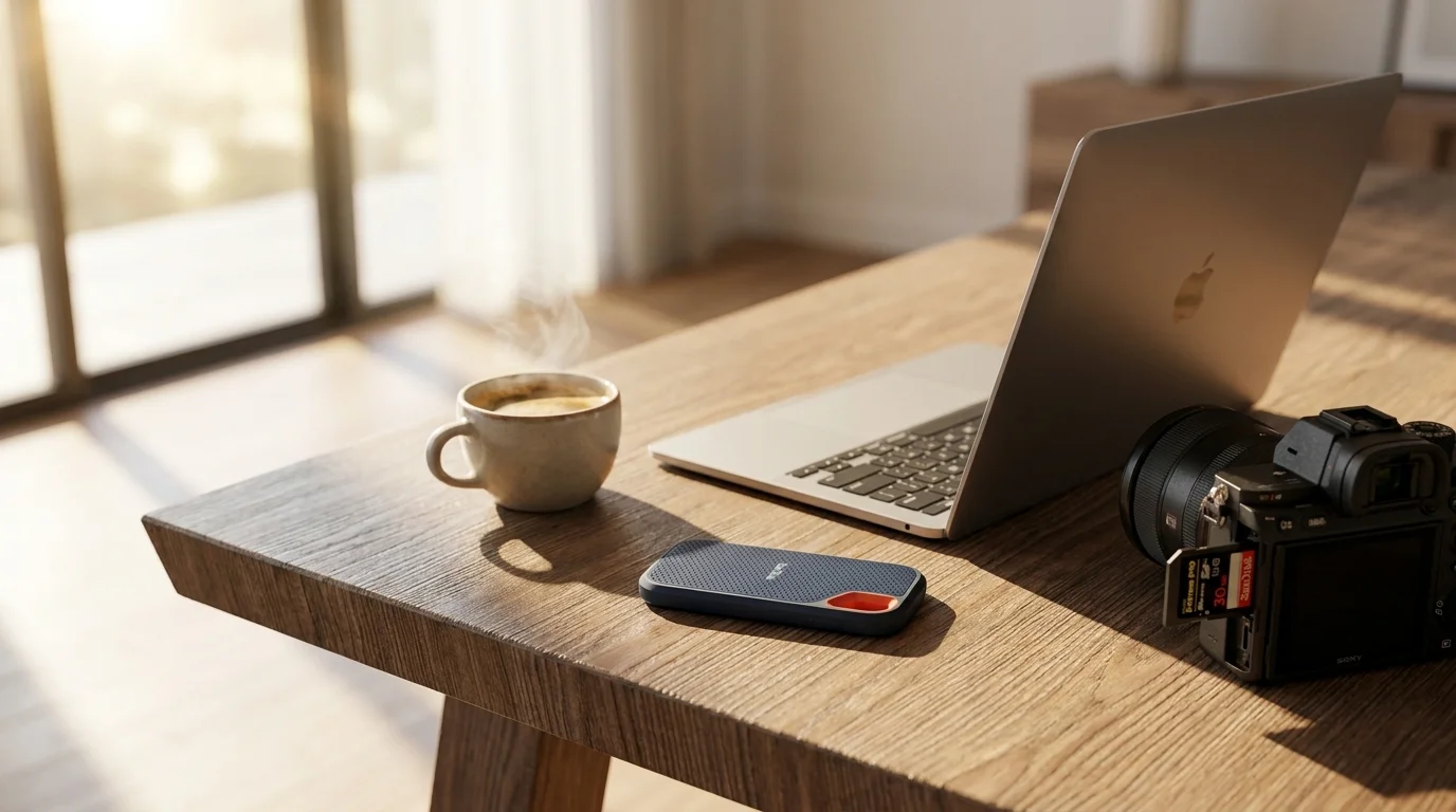 Externí SSD SanDisk Extreme Portable ležící na dřevěném stole vedle notebooku, šálku kávy a fotoaparátu.