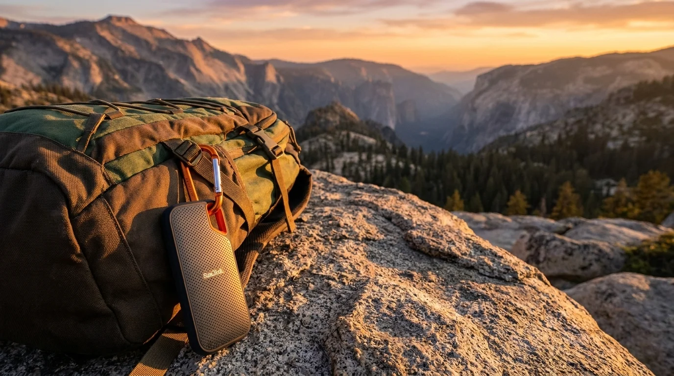 Externí SSD SanDisk Extreme Portable připevněný karabinou k turistickému batohu na skalnatém vrcholku při západu slunce.