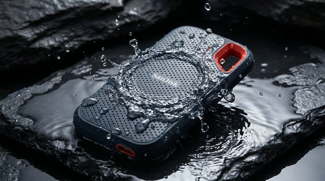 Externí SSD SanDisk Extreme ležící na tmavém kameni, na který stříká voda.