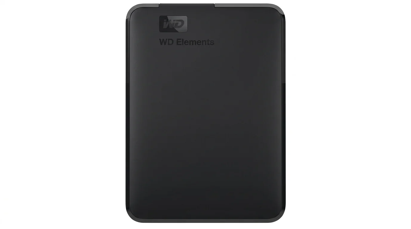 Černý externí pevný disk WD Elements se zaoblenými rohy z čelního pohledu.