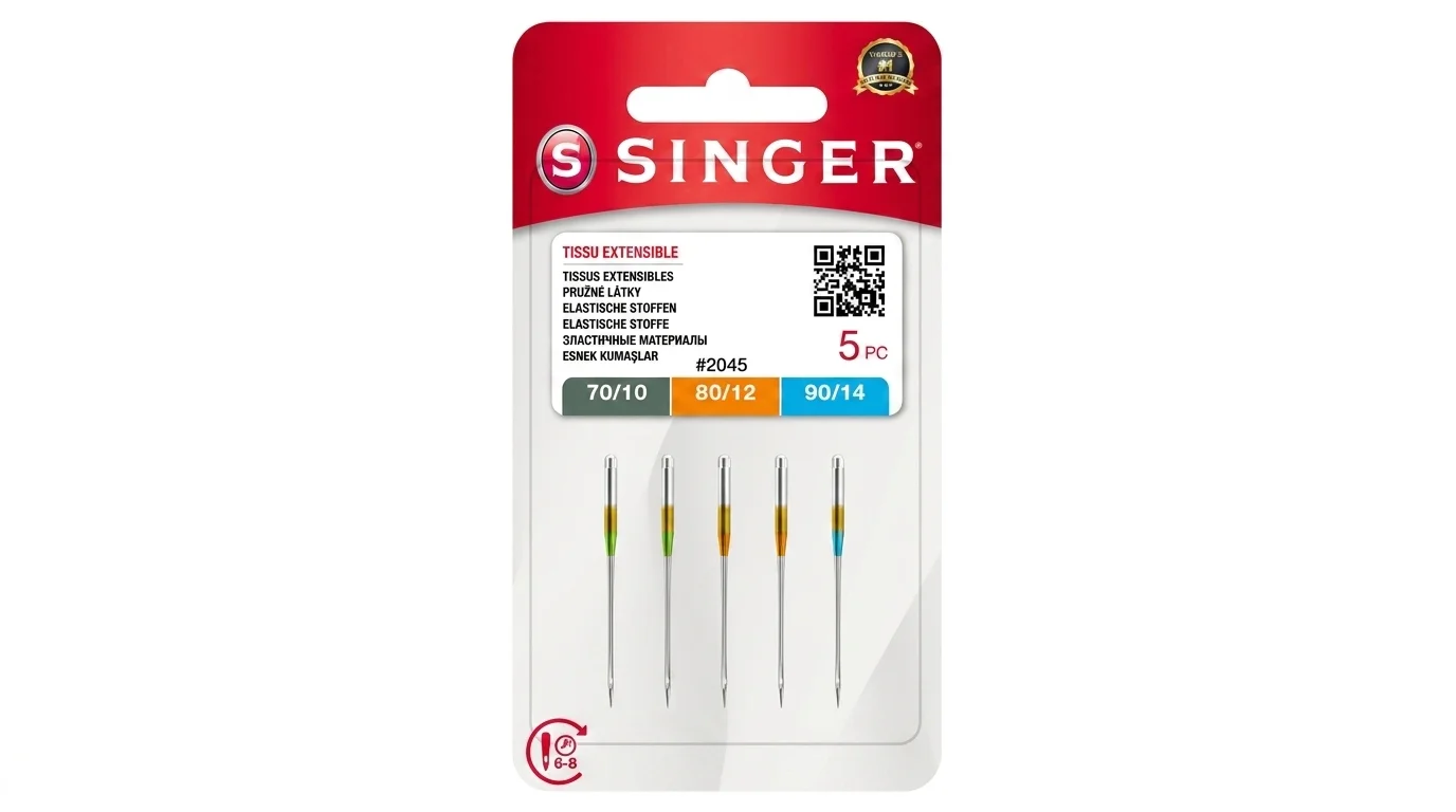 Balení pěti stretchových jehel Singer 2045 pro pružné látky s barevným označením velikostí 70/10, 80/12 a 90/14.