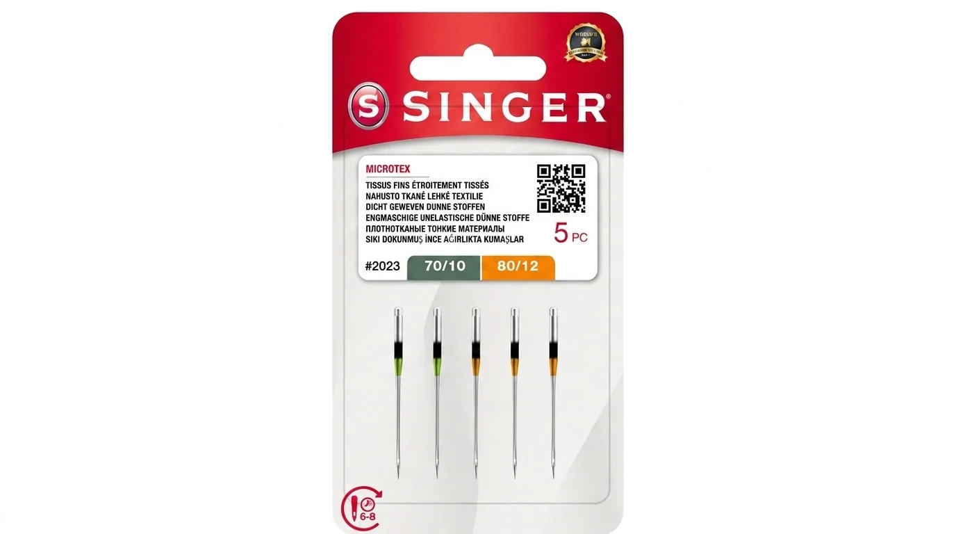 Balení pěti jehel na mikrovlákno Singer Microtex v tloušťkách 70/10 a 80/12 s barevným označením dříků.