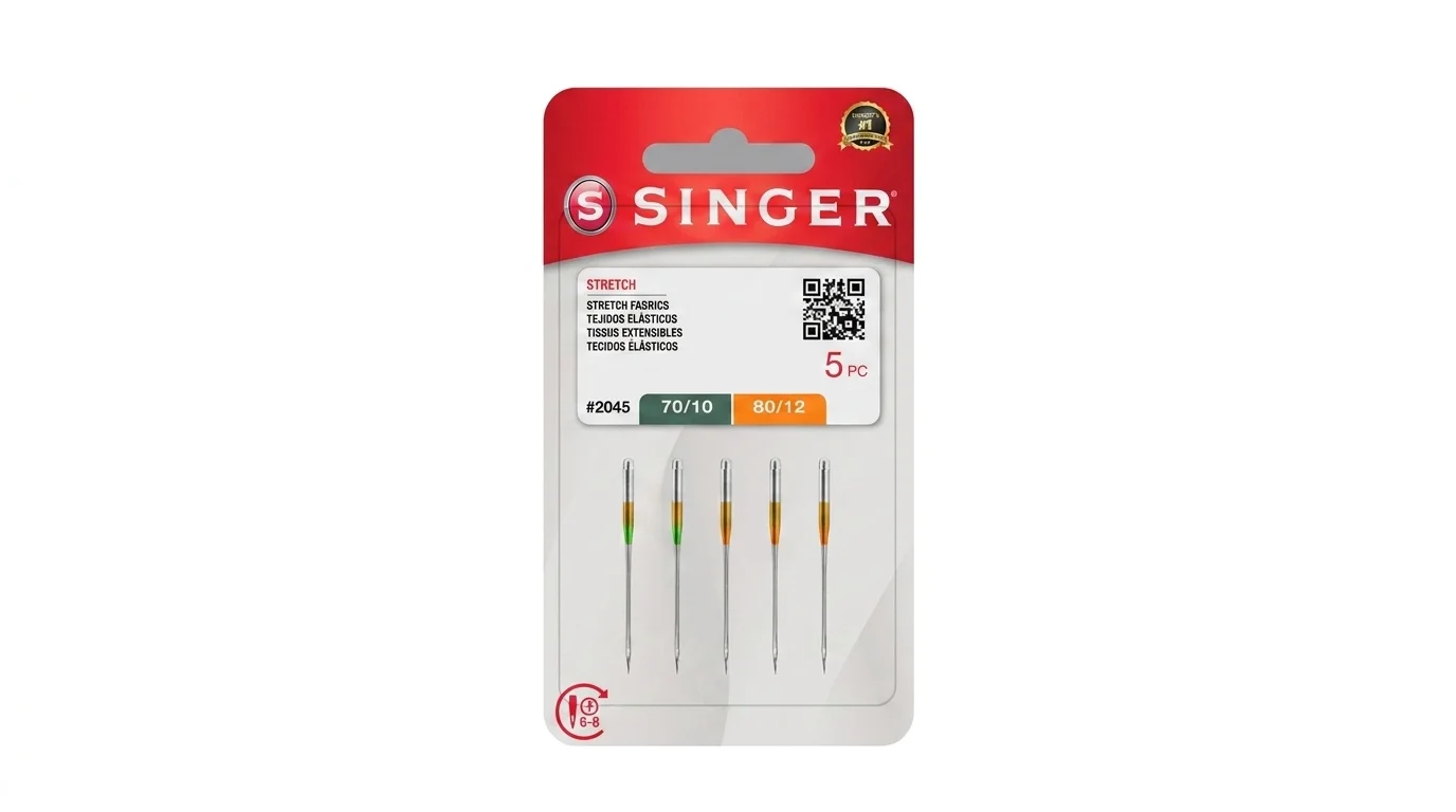 Blistrové balení pěti kusů stretch jehel Singer 2045 pro šicí stroje.