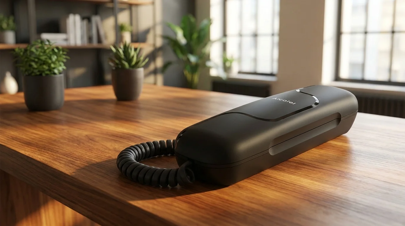 Čierny kompaktný telefón Alcatel Temporis 06 s krúteným káblom položený na drevenom stole.
