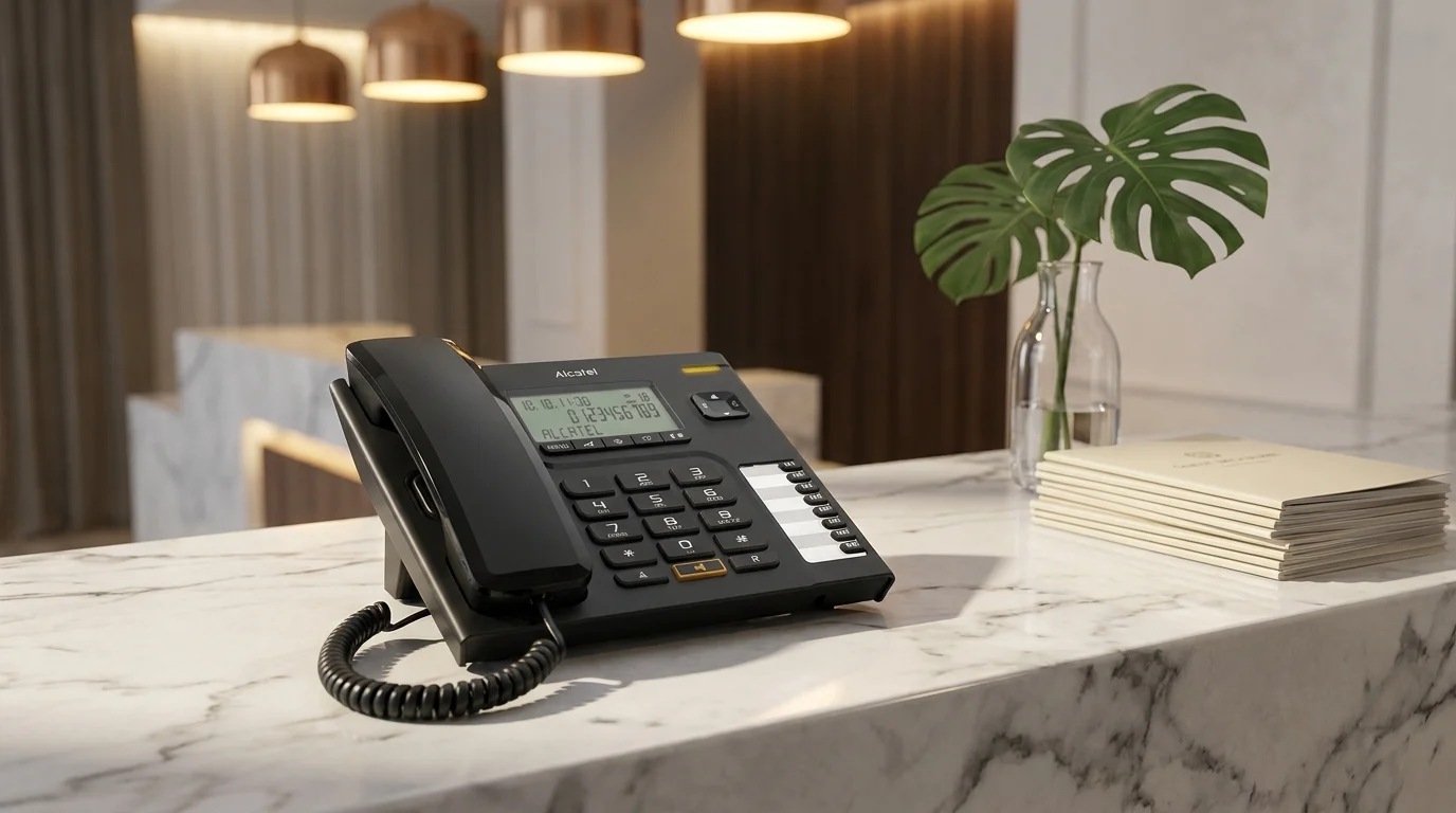 Černý stolní telefon Alcatel Temporis 76 na mramorovém pultu v moderní recepci s rostlinou v pozadí.