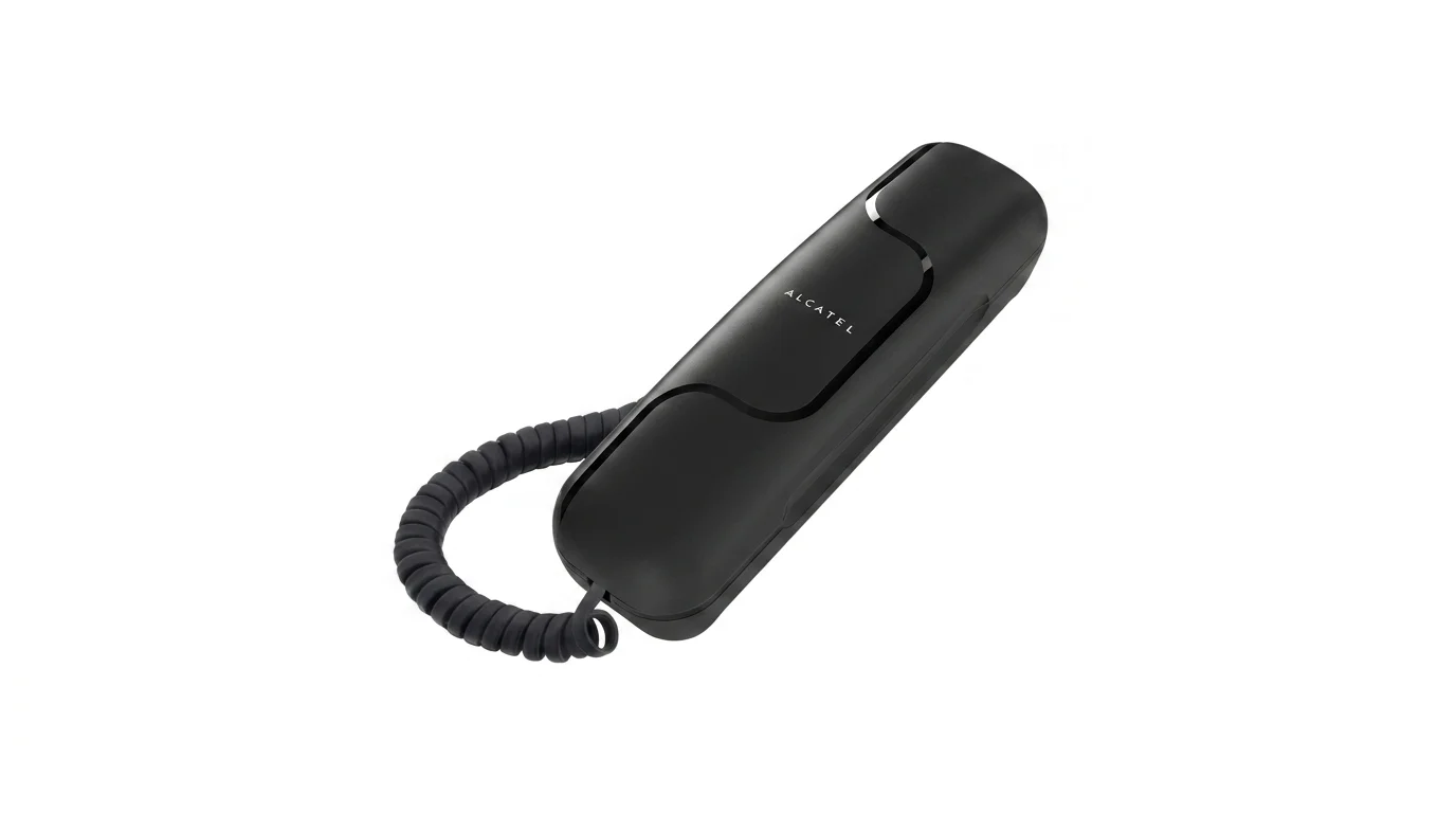 Čierny kompaktný telefón Alcatel Temporis 06 s krúteným káblom na bielom pozadí.