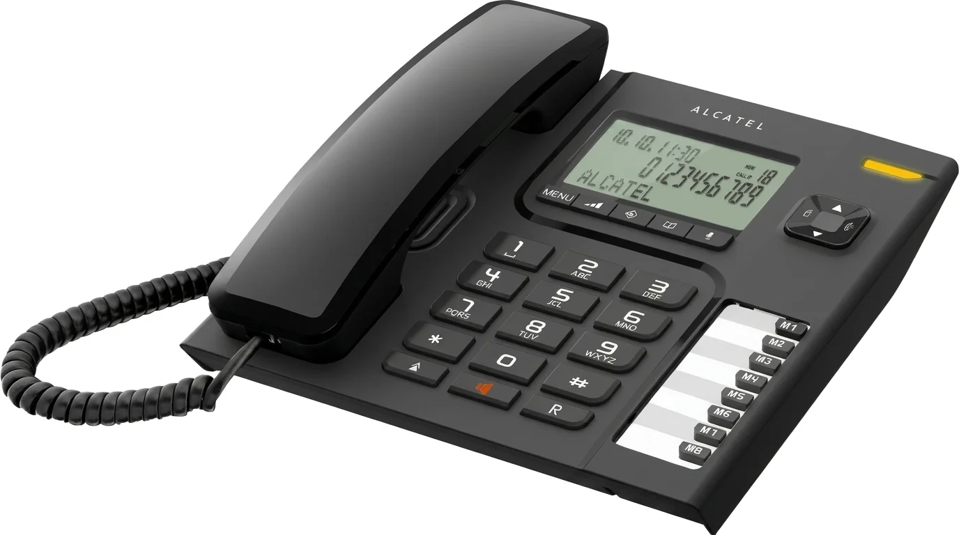 Černý stolní telefon Alcatel Temporis 76 BLACK s displejem, sluchátkem na kroucené šňůře a tlačítky rychlé volby.