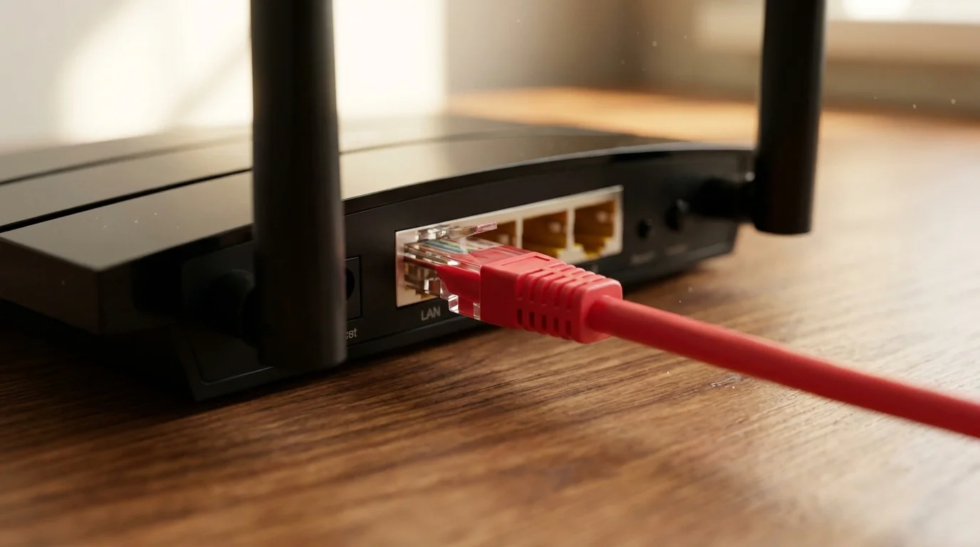 Červený síťový kabel RJ45 zapojený do LAN portu černého routeru.