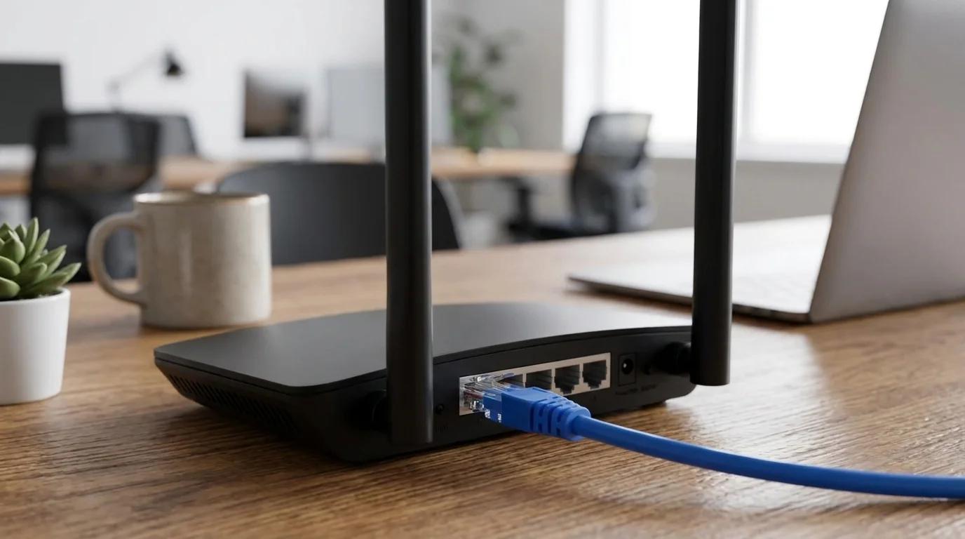 Modrý síťový kabel RJ45 zapojený do zadního portu černého routeru na dřevěném stole.