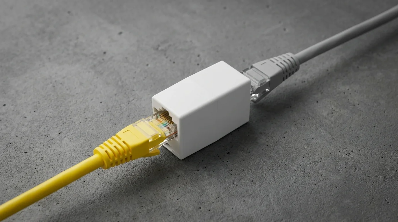 Bílá UTP spojka RJ45 Yenkee YCT 100 propojuje žlutý a šedý síťový kabel.