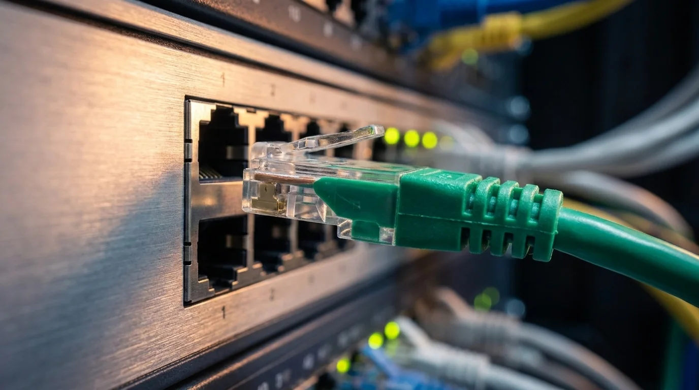 Zelený síťový kabel RJ45 zapojený do portu síťového switche.