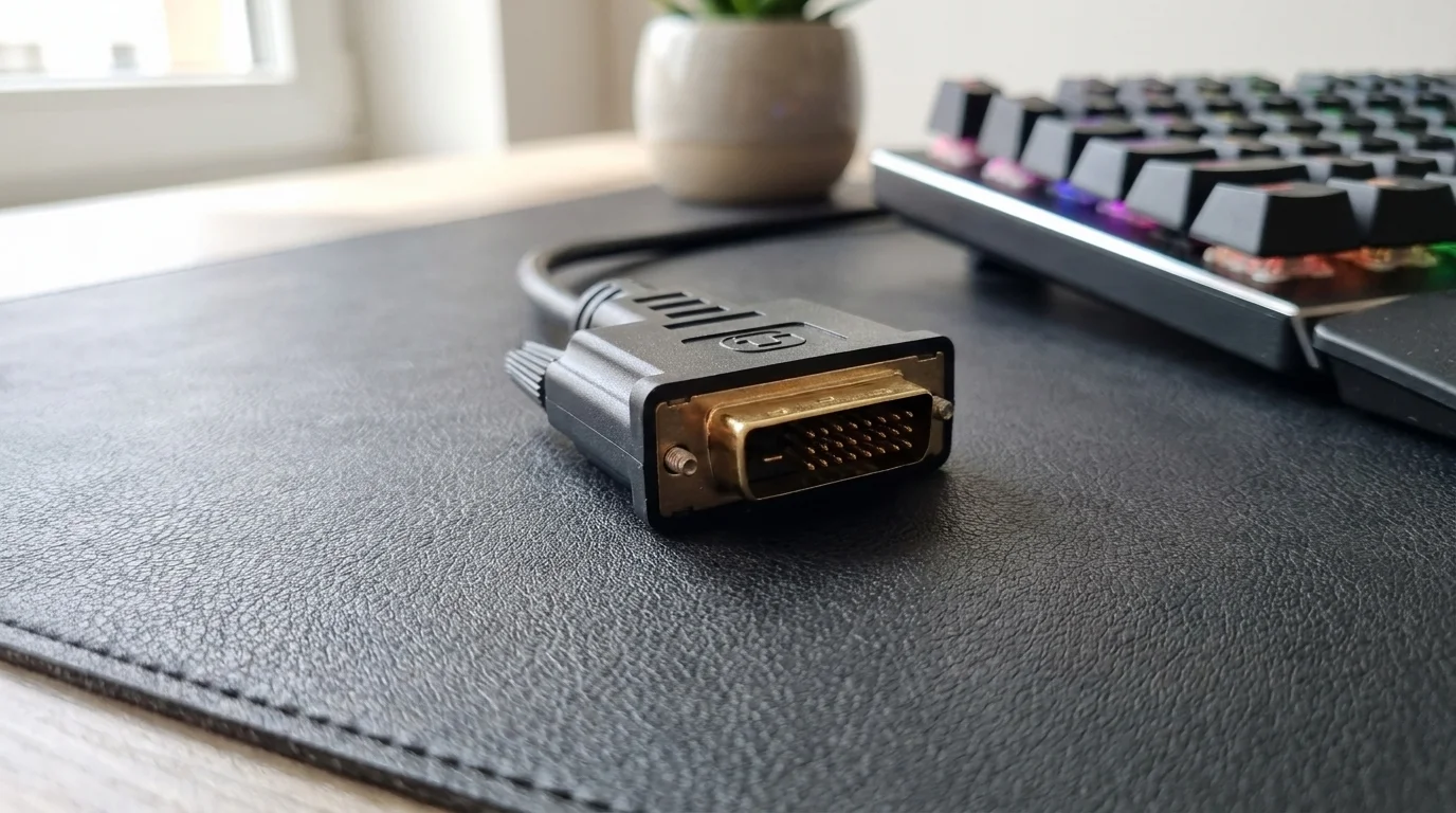 Černý DVI kabel Yenkee YVC 02 s pozlaceným konektorem položený na černé podložce na stole vedle klávesnice.