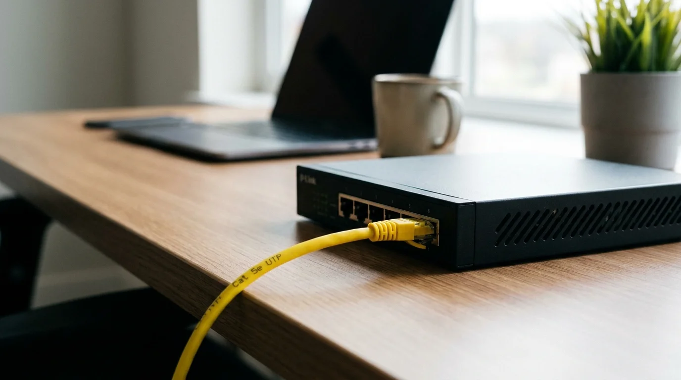 Žlutý síťový kabel RJ45 XtendLan zapojený do černého síťového switche na dřevěném stole.