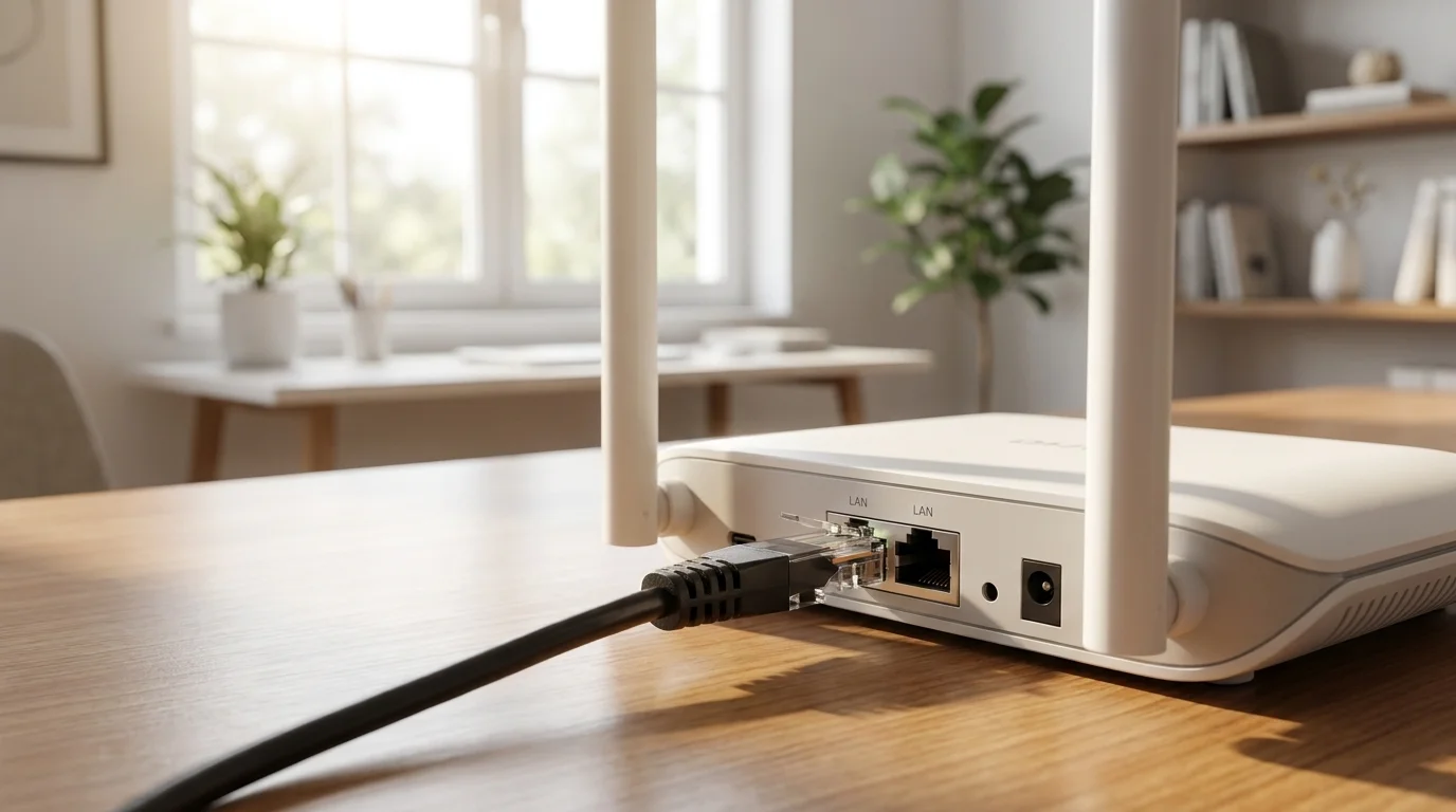 Černý síťový kabel RJ45 zapojený do LAN portu bílého routeru na dřevěném stole.