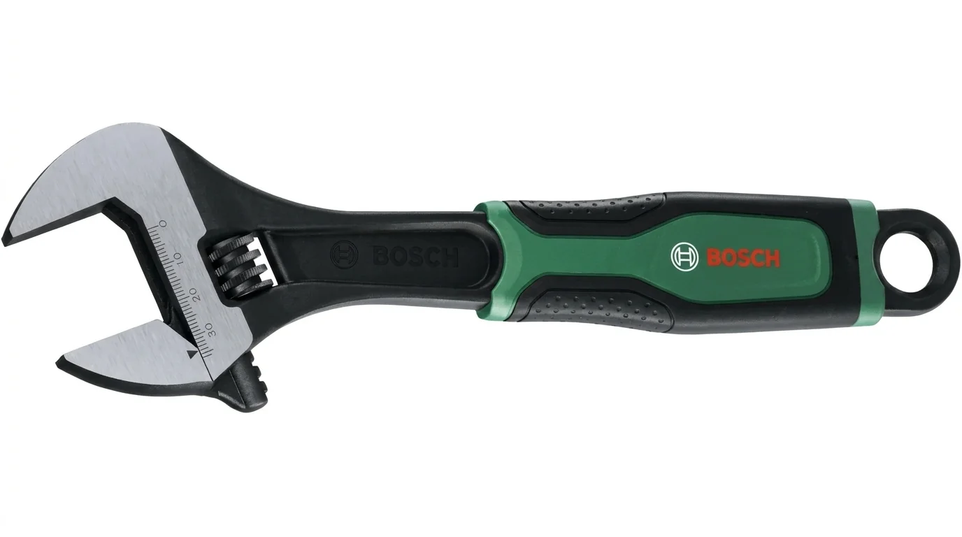 Černý nastavitelný klíč Bosch s metrickou stupnicí u čelistí a ergonomickou zeleno-černou rukojetí.