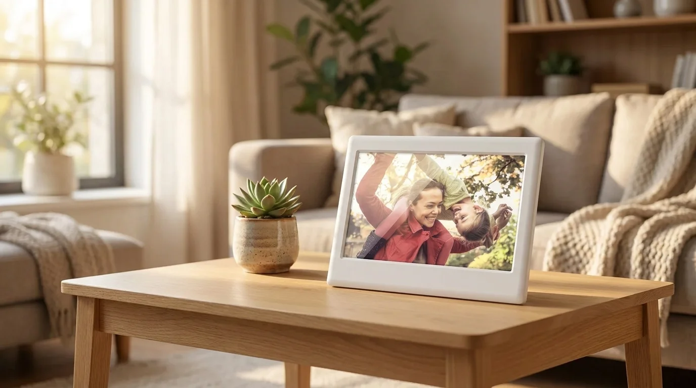 Bílý digitální fotorámeček Sencor SDF 742 WH s rodinnou fotografií stojí na dřevěném stolku vedle malého sukulentu.