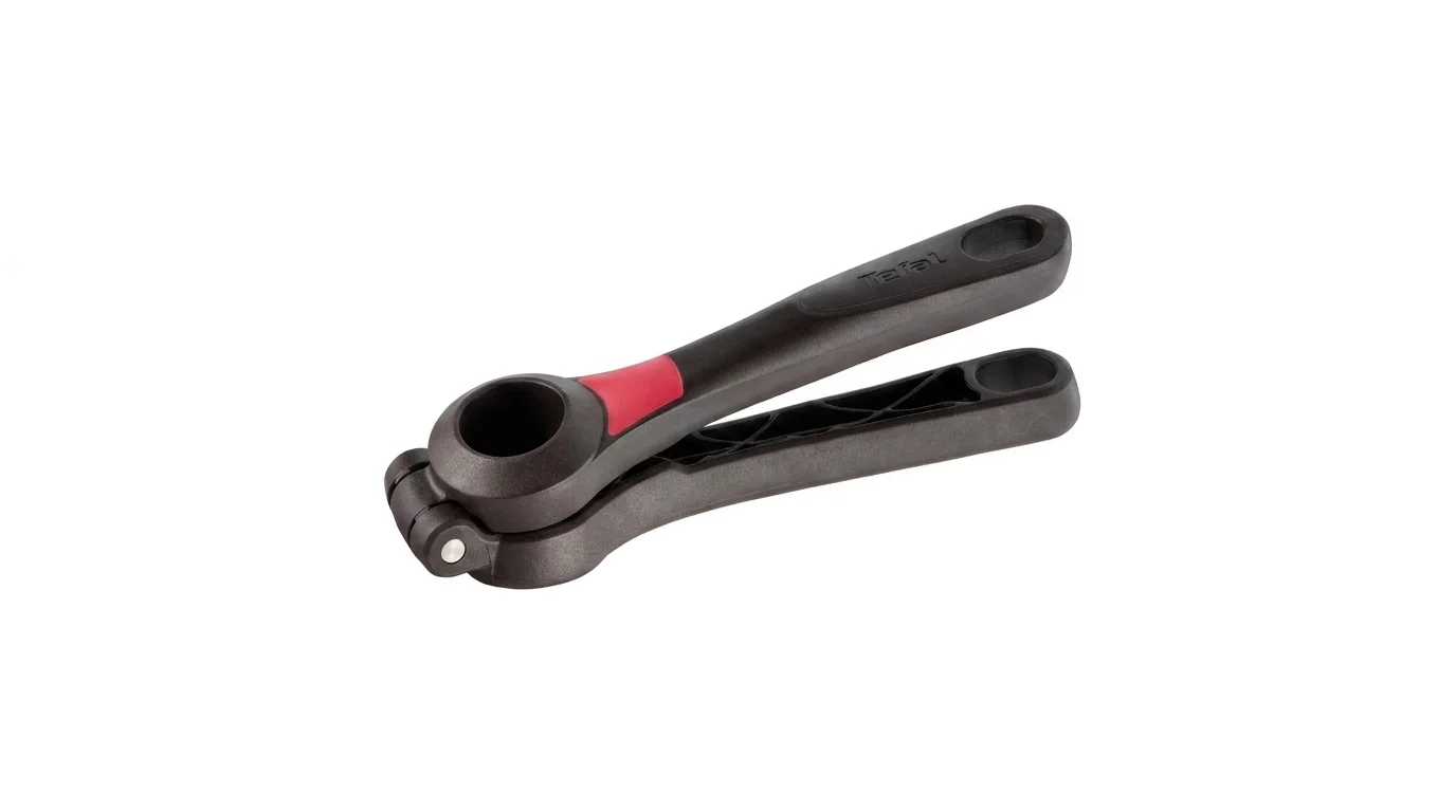 Černý lis na česnek Tefal Ingenio K2072614 s červeným prvkem na rukojeti.