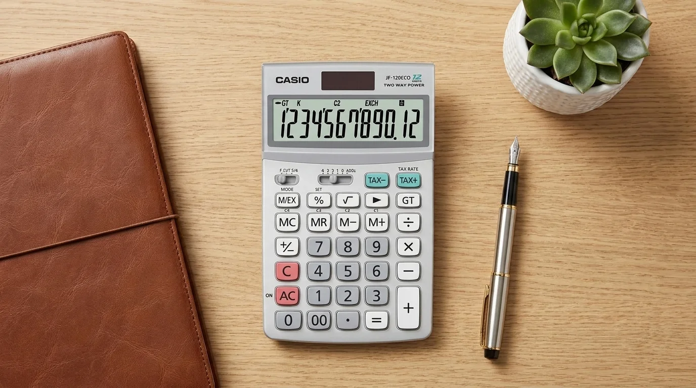 Stolová kalkulačka Casio JF 120 ECO na drevenom stole vedľa hnedého zápisníka, plniaceho pera a sukulentu.