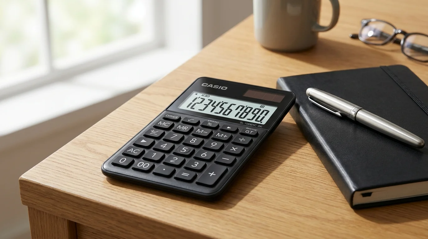 Čierna kalkulačka Casio SL 1000 SC BK so zapnutým displejom položená na drevenom stole vedľa zápisníka a pera.