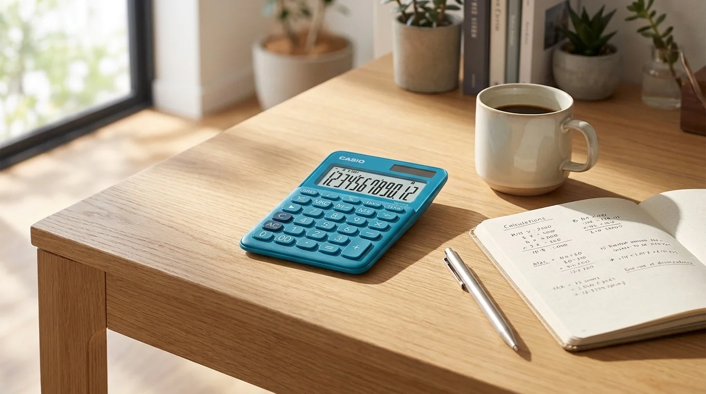 Modrá stolní kalkulačka Casio MS 20UC BU položená na dřevěném stole vedle zápisníku, pera a hrnku s kávou.