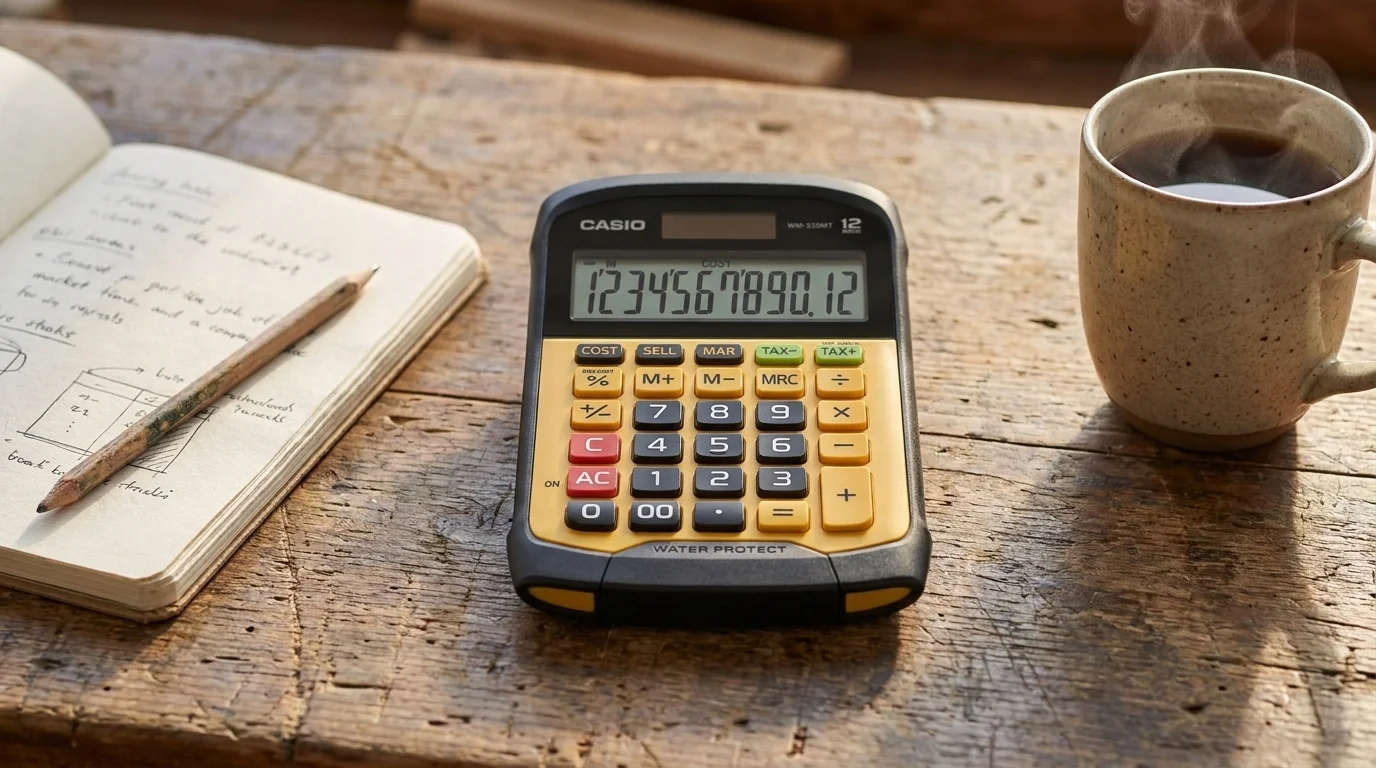 Kalkulačka Casio WM 320 MT položená na drevenom stole vedľa otvoreného zápisníka a šálky s kávou.