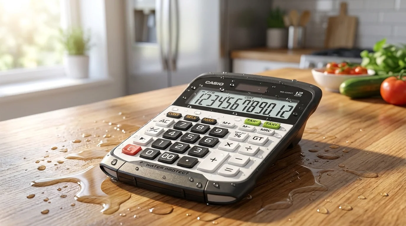 Voděodolná kalkulačka Casio WD-320MT pokrytá kapkami vody na dřevěné kuchyňské lince.