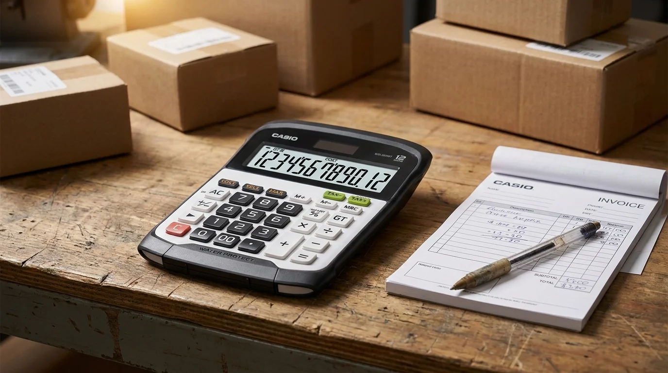 Kalkulačka Casio WD 320 MT na dřevěném pracovním stole vedle faktury, propisky a kartonových krabic.