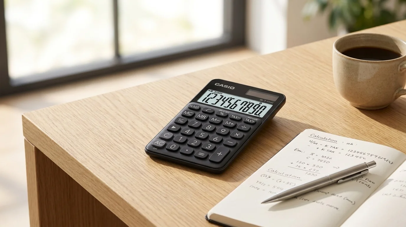 Černá kalkulačka Casio SL 310UC na dřevěném stole vedle otevřeného zápisníku s perem a hrnku kávy.