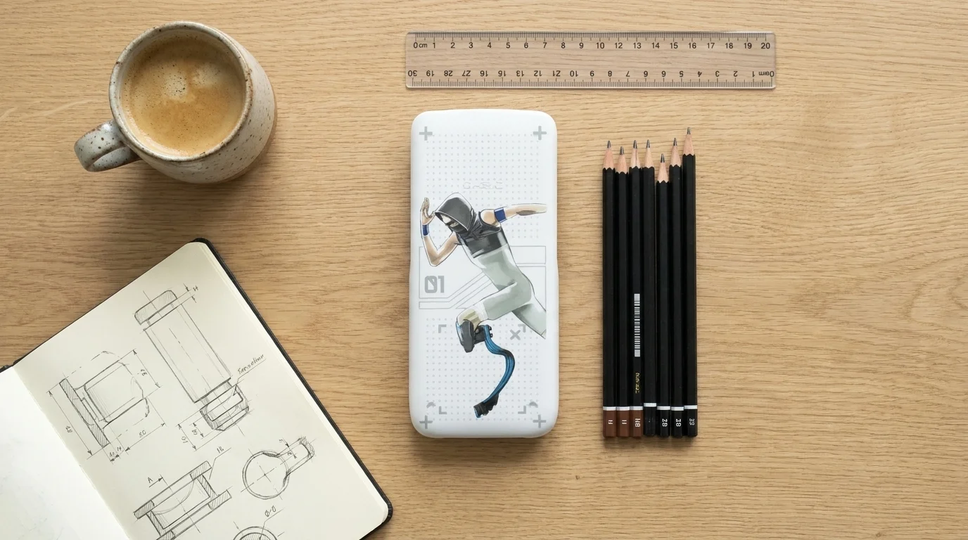 Pouzdro na kalkulačku Casio Classwiz s motivem Běžec položené na dřevěném stole vedle tužek, pravítka, zápisníku a šálku kávy.