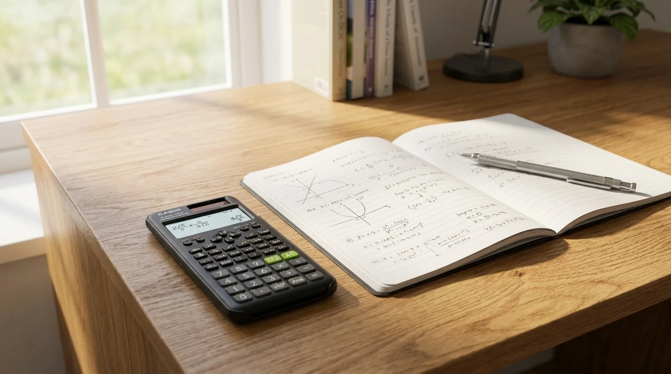 Kalkulačka Casio FX 85ES PLUS 2E položená na dřevěném stole vedle otevřeného sešitu s matematickými výpočty a perem.