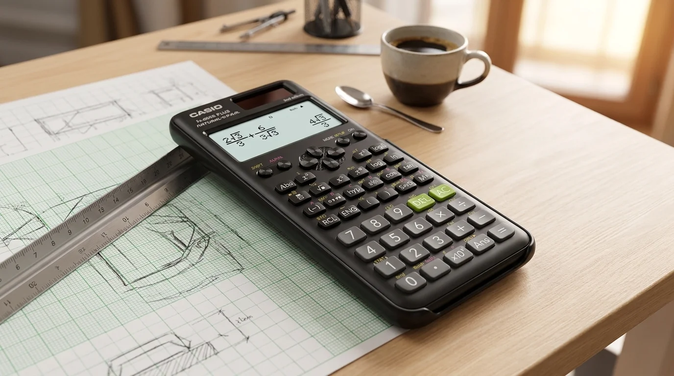 Kalkulačka Casio FX 85ES PLUS 2E se zobrazeným matematickým výpočtem položená na stole vedle technického výkresu a pravítka.