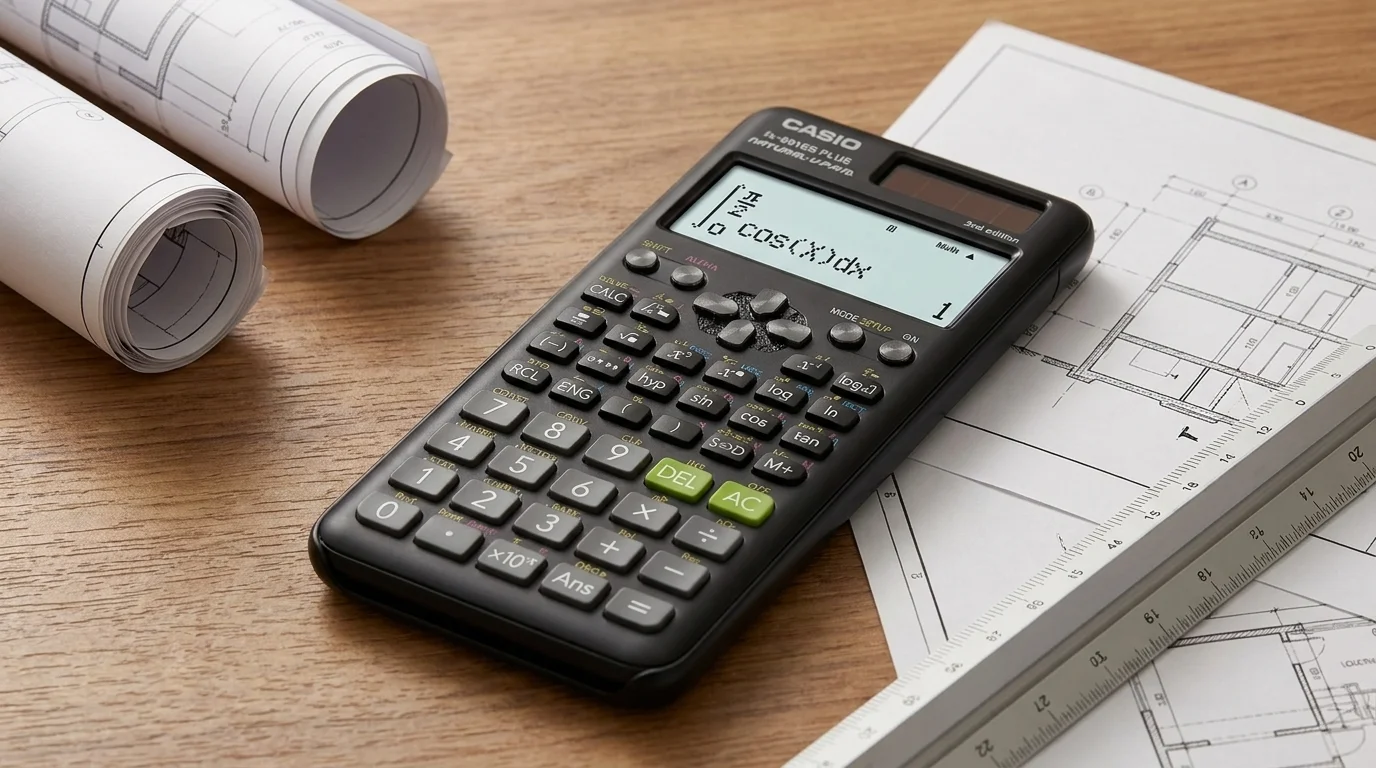 Čierna kalkulačka Casio FX-991ES PLUS položená na drevenom stole vedľa technických výkresov a pravítka.