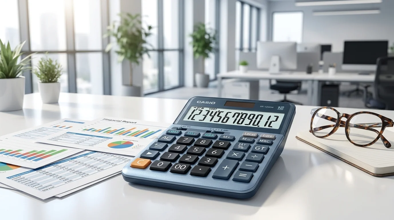 Modrá stolní kalkulačka Casio DF 120 EM na pracovním stole vedle vytištěných finančních grafů a brýlí.