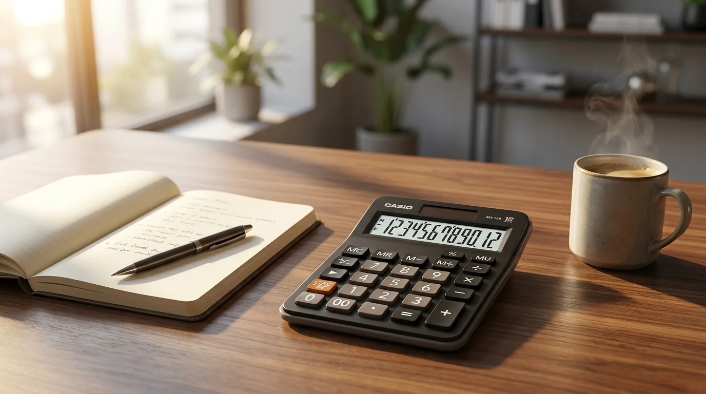 Černá stolní kalkulačka Casio MX 12 B na dřevěném stole vedle otevřeného zápisníku s perem a kouřícího šálku kávy.