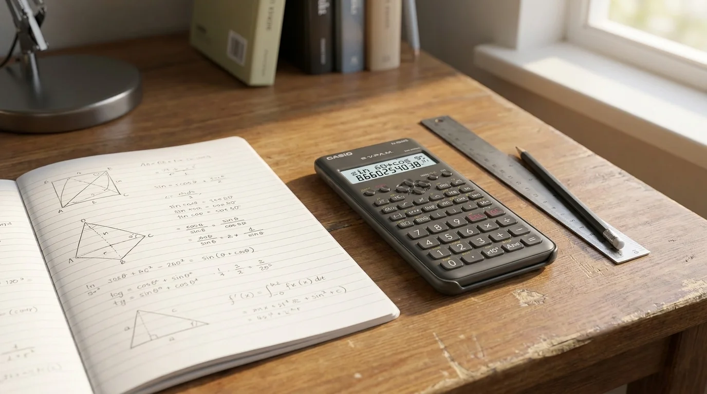 Kalkulačka Casio FX 82 MS ležící na dřevěném psacím stole vedle otevřeného sešitu s matematickými výpočty, pravítka a tužky.
