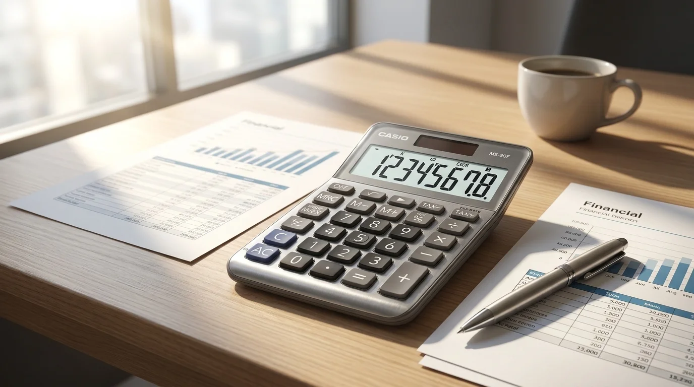 Stolní kalkulačka Casio MS-80F položená na dřevěném stole vedle finančních dokumentů, propisky a šálku kávy.