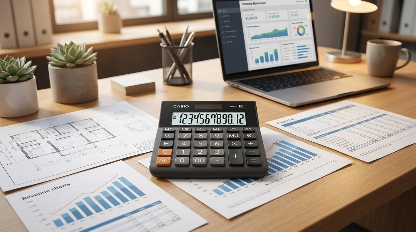 Černá stolní kalkulačka Casio MH-12 položená na pracovním stole mezi finančními grafy, dokumenty a notebookem.