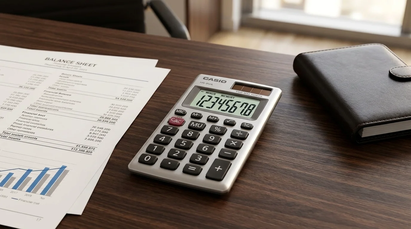 Kapesní kalkulačka Casio HS 8 VA na dřevěném stole vedle finančního výkazu a černého zápisníku.