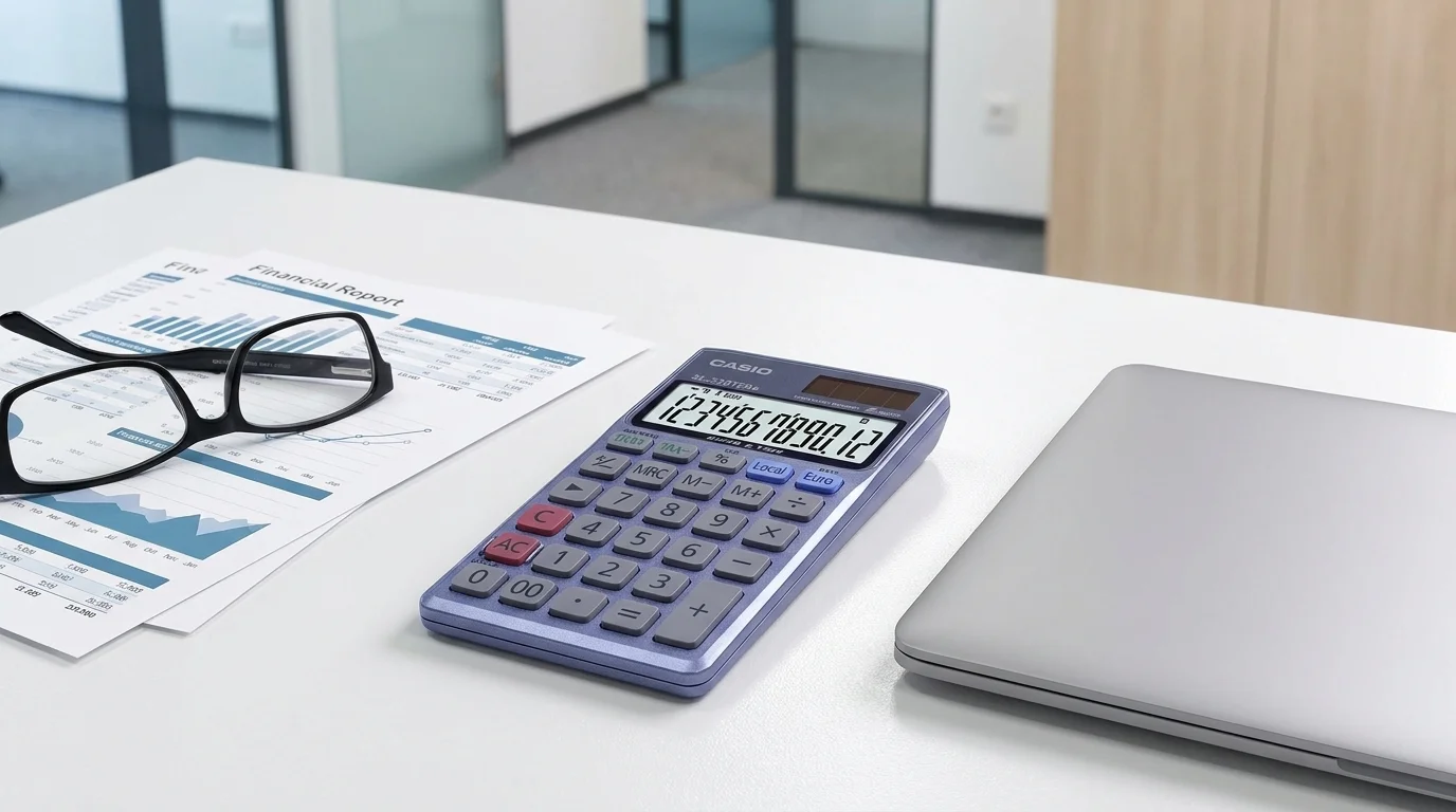 Kalkulačka Casio SL 320 TER na bílém pracovním stole vedle brýlí, tištěného reportu a notebooku.